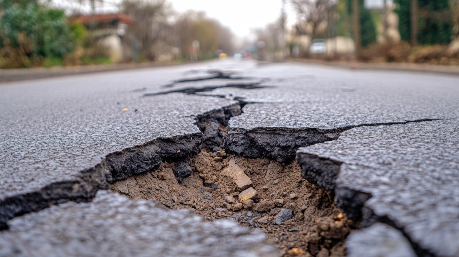 Cracked asphalt and failed base Close-up of badly cracked and broken asphalt pavement exposing the soil and stone base underneath