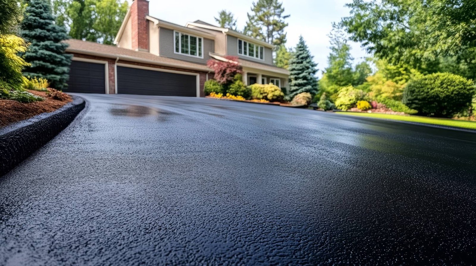 Fresh blacktop driveway Close-up of a freshly paved blacktop driveway curving up to a home with a three-car garage and landscaping